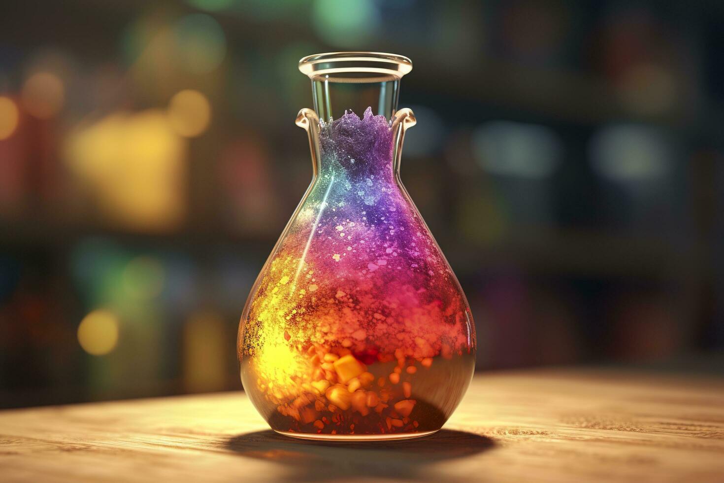 Close Up of a Science Beaker Filled with Multi Colored Liquids. AI Generative photo