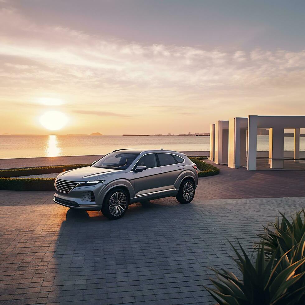 compacto suv coche y moderno diseño en hormigón la carretera a el mar de hermosa puesta de sol antecedentes , frente ver de lujo nuevo suv auto, ai generativo foto