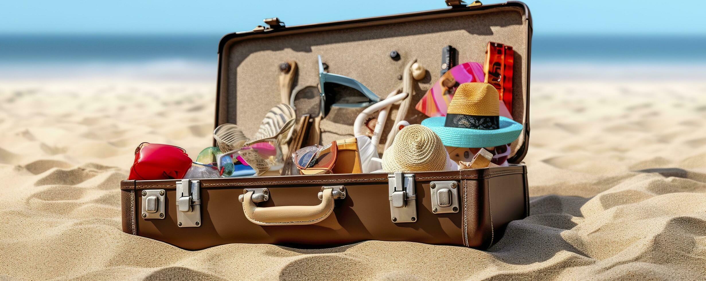 playa preparación, accesorios en maleta en arena. generativo ai foto