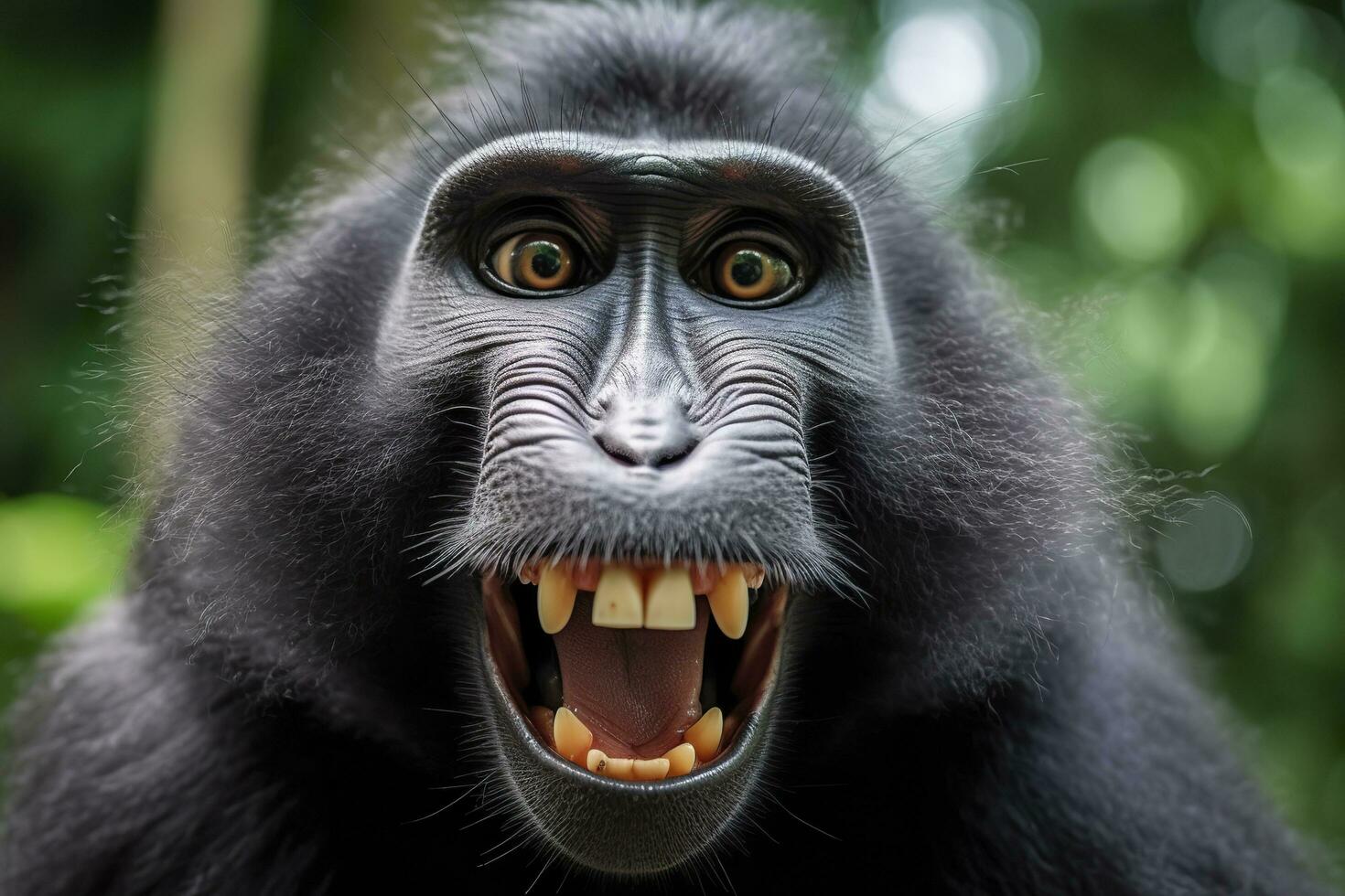 Celebes crested macaque with open mouth. Close up on the green natural background. Generative AI photo