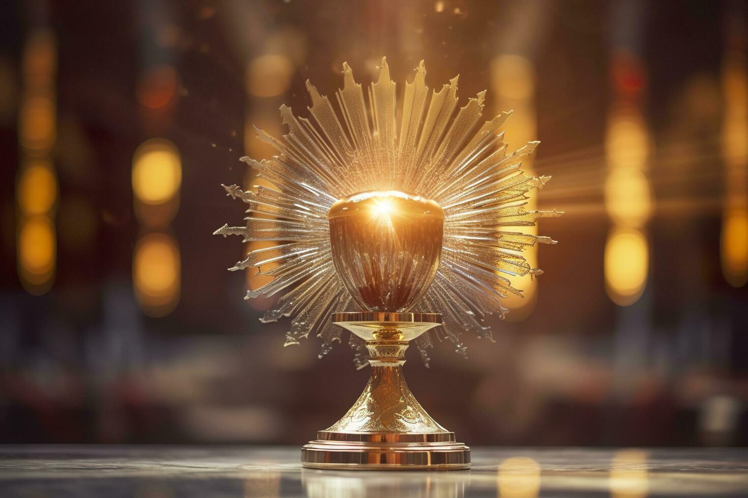 The golden monstrance with a little transparent crystal center, consecrated host. church defocused background. AI Generative photo