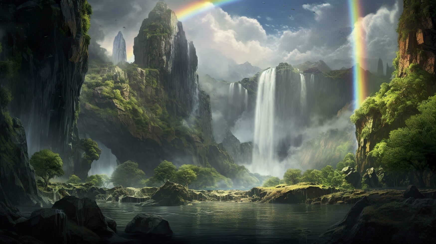 waterfall in the middle of the wonderland landscape. Generative AI photo