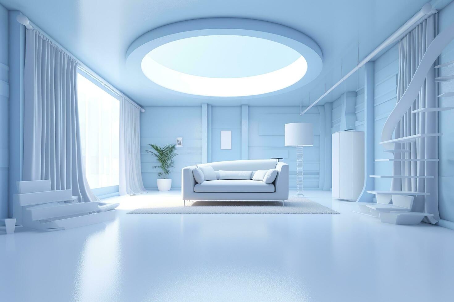 A professional and eye catching light blue with white living room in the metaverse, futuristic, AI Generative photo