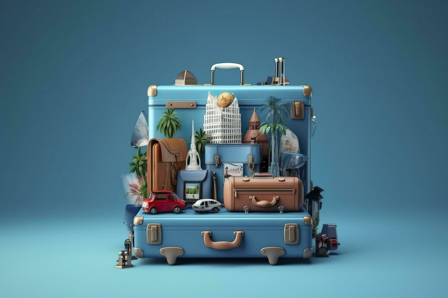 Blue suitcase full of landmarks and travel accessories on blue background. Generative AI photo