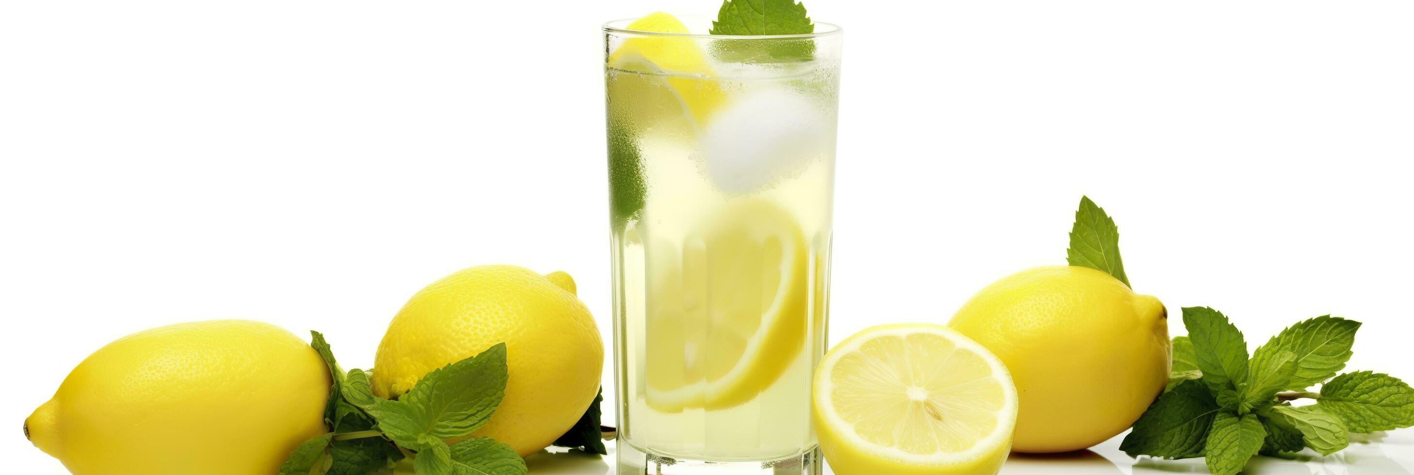 Lemonade in a glass with fresh lemons and mint. Cold summer drink with copy space. Generative AI photo