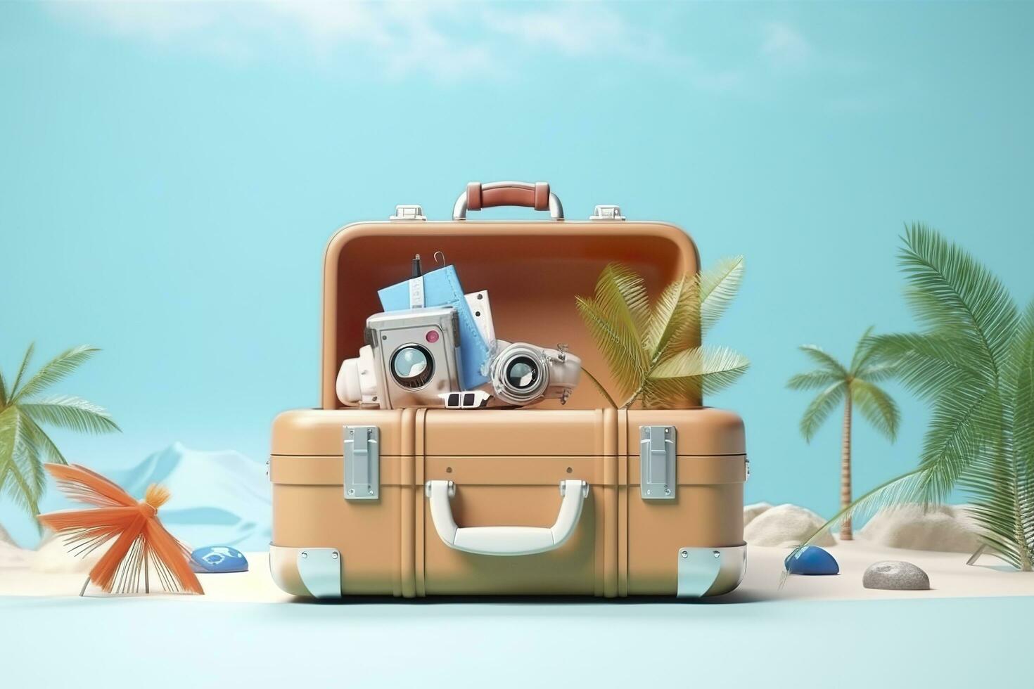 Creative Summer Beach Composition in Suitcase on Blue Background, A Travel Concept Idea in 3D Rendering. AI Generative photo