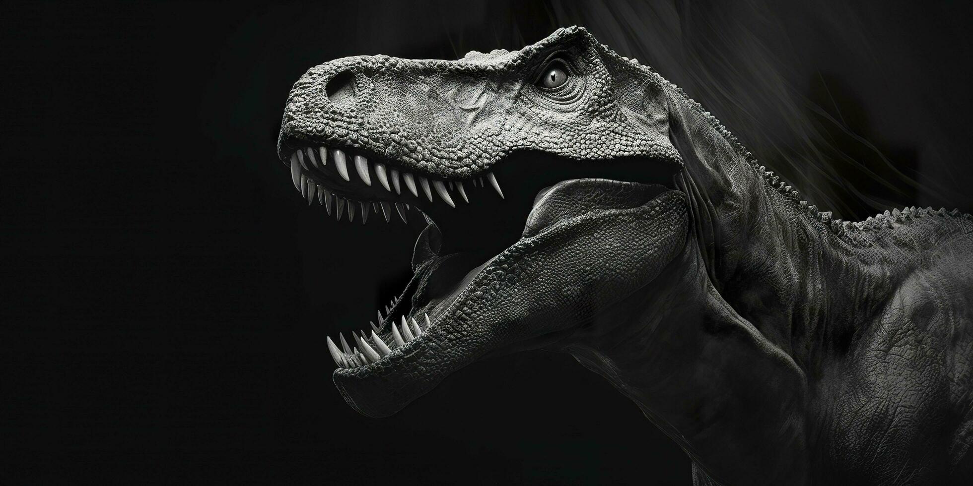 negro y blanco fotorrealista estudio retrato de un tiranosaurio rex en negro antecedentes. generativo ai foto