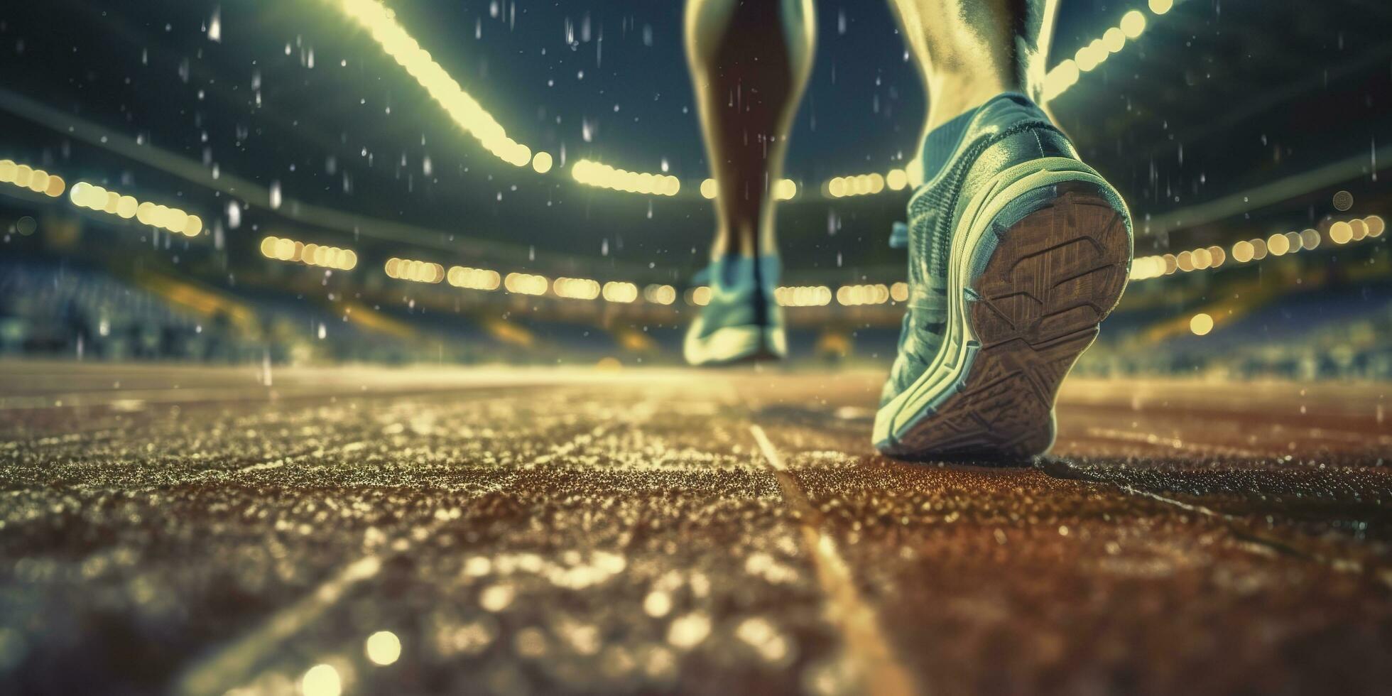 Runner feet running on a stadium, closeup on feet, sports background, space for copy, AI Generative photo