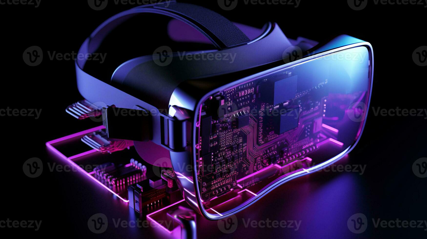 Closed up of VR and CPU circuit board with purple lighting. Technology, innovation and future concept.AI generated, Generative AI photo