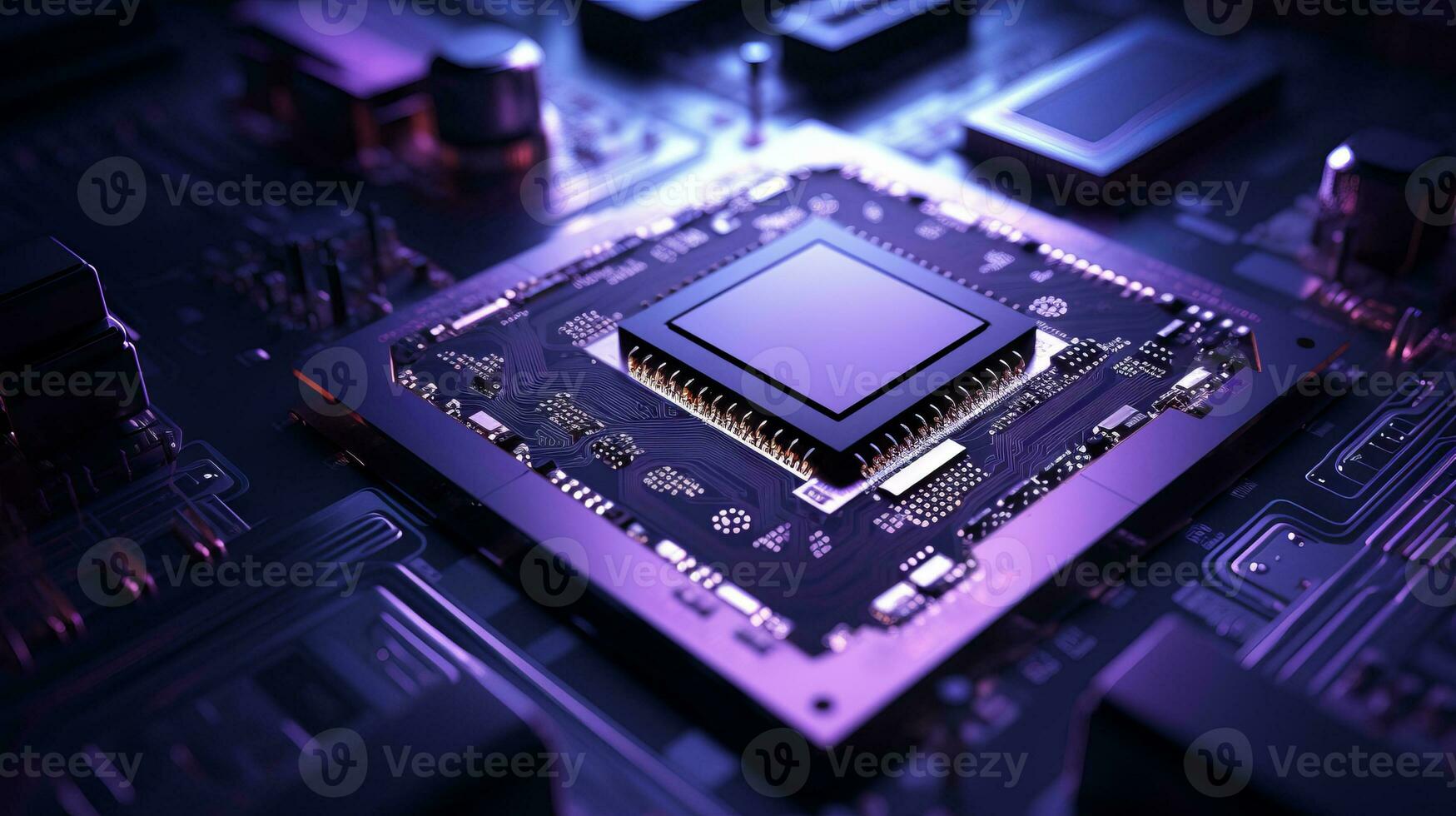 Closed up of CPU on the circuit board with purple lighting. Technology, innovation and future concept.AI generated, Generative AI photo