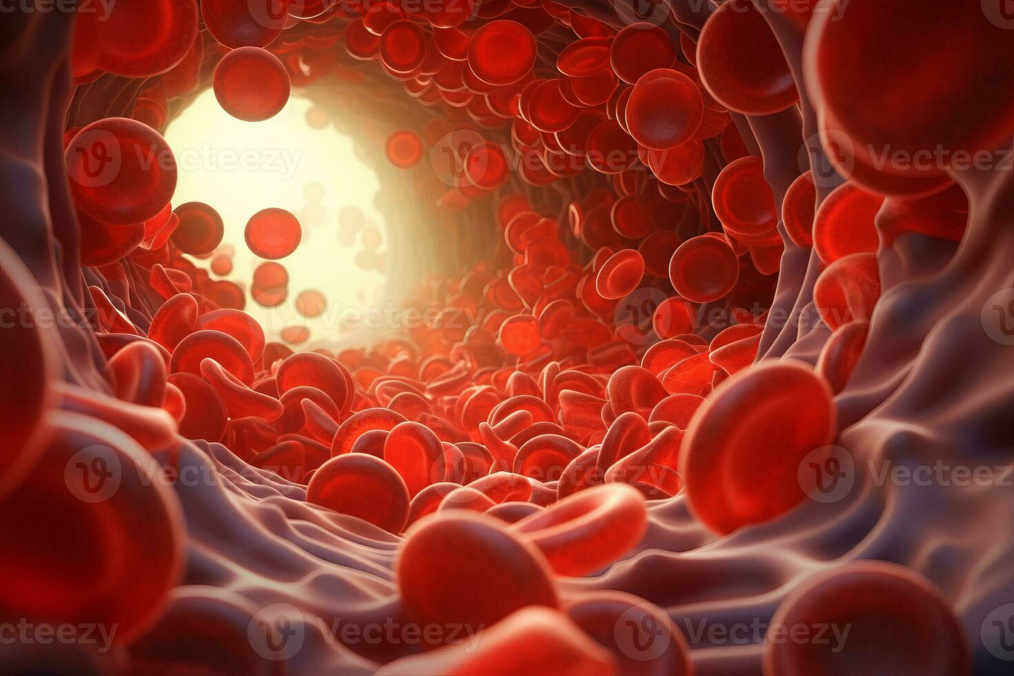 Microsopic of Red blood cells flowing through the blood vessels.medical and science research concept.generative ai photo