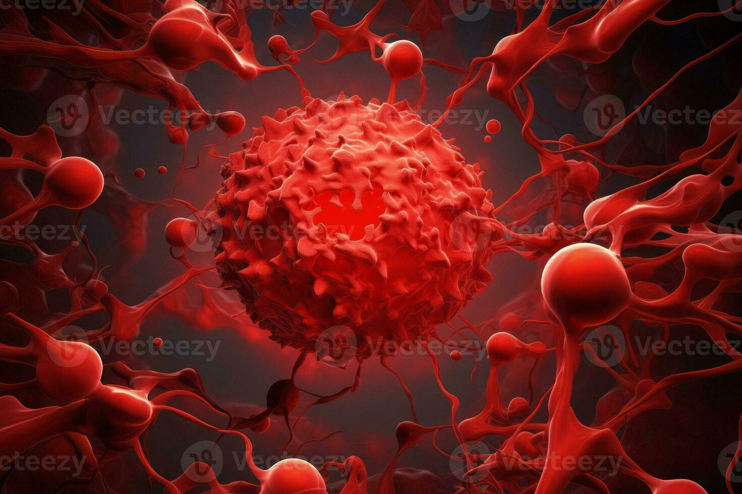 Microsopic of red virus bacteria attack blood cells .medical and science research concept.generative ai photo