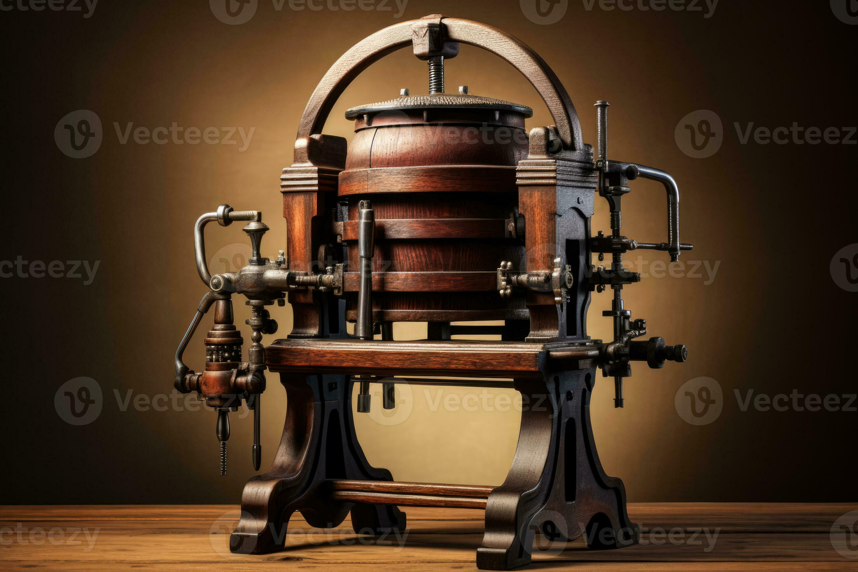 An antique wine press in use isolated on a gradient background 28792560