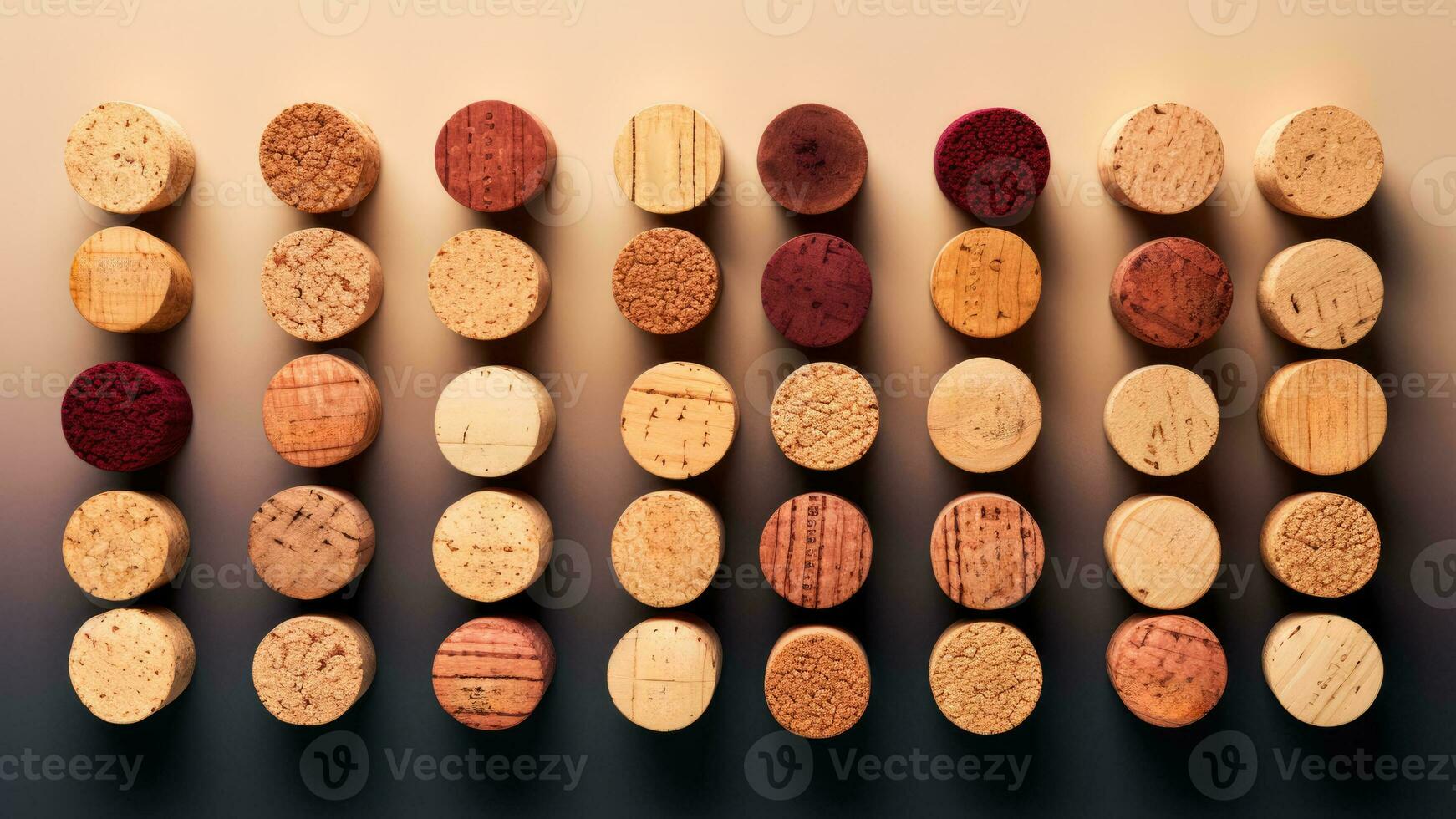 A collection of vintage wine corks displayed neatly isolated on a gradient background photo