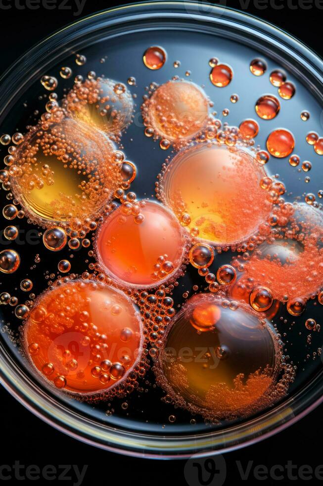 Microscopic image of yeast cells fermenting in a wine sample isolated on a gradient background photo