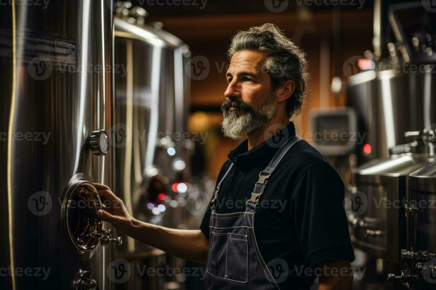 Professional winemaker monitoring the bubbling fermenting process in stainless steel tanks photo