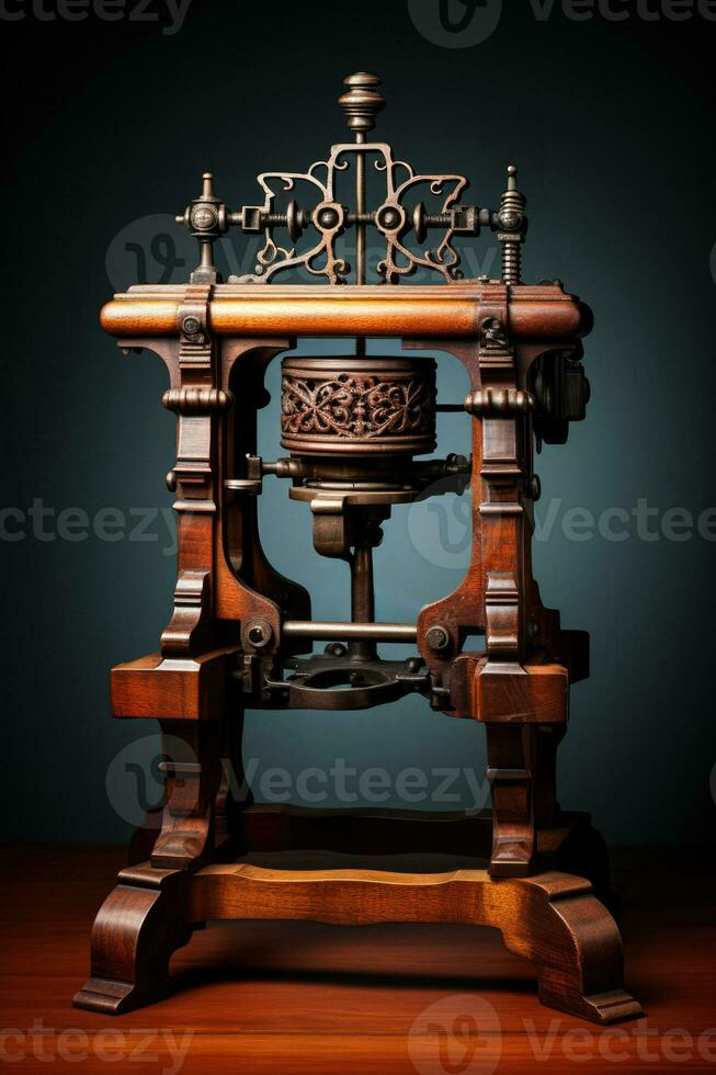 An antique wine press in use isolated on a gradient background photo