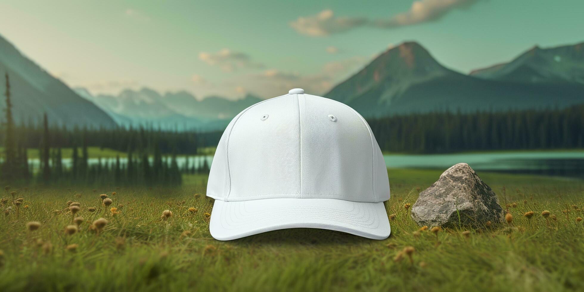 White Cap mockup on a natural background. Generative AI photo