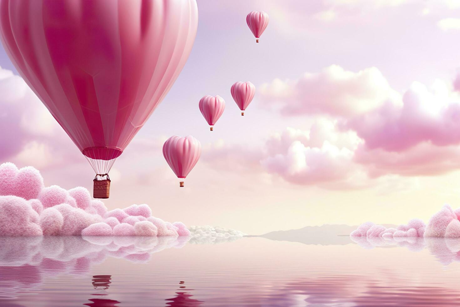 Bright pink ethereal cloudy landscape, hearts, roses, balloons, and wedding concept. Generative AI photo