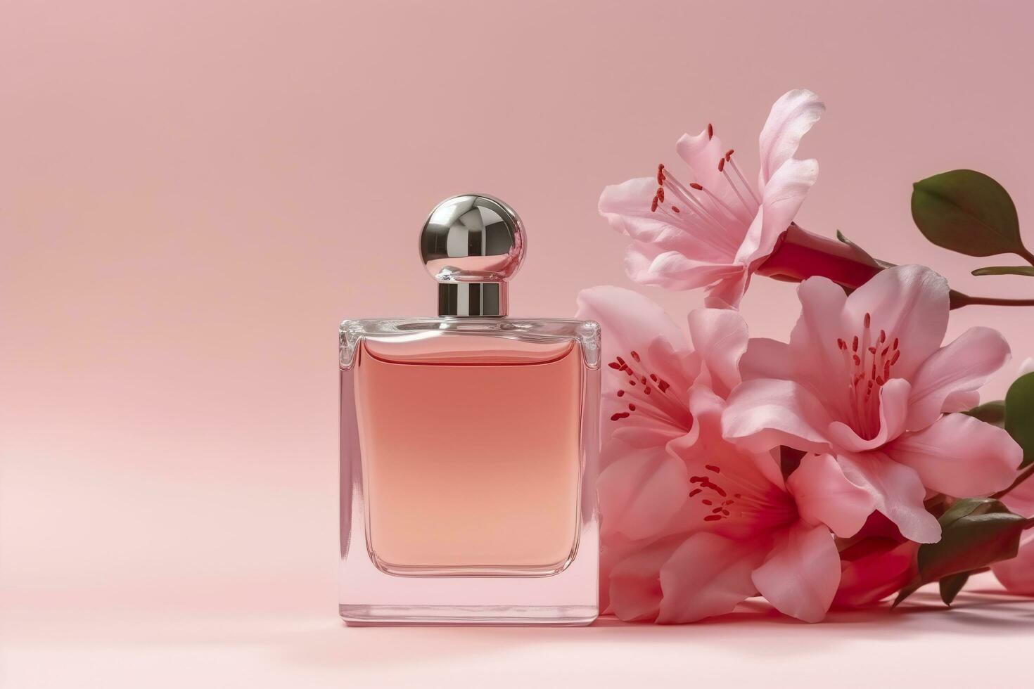 Summer Vanilla Perfume Background Photo with Copy Space. Bright Pink Vanilla Perfume Banner for Summer. AI Generative