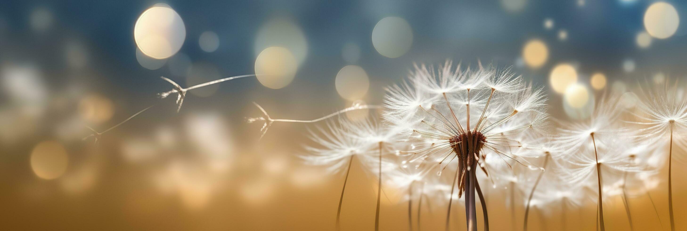 Abstract blurred nature background dandelion seeds parachute. Bokeh pattern. Generative AI photo