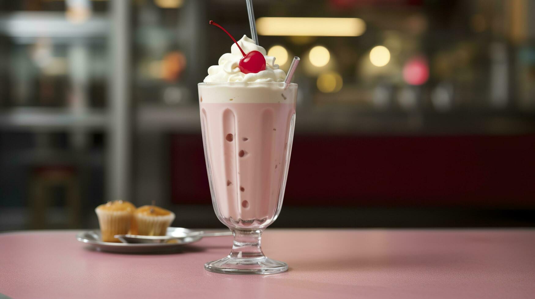 Cherry Milkshake in a Classic American Diner.  food photography concept. Generative AI photo