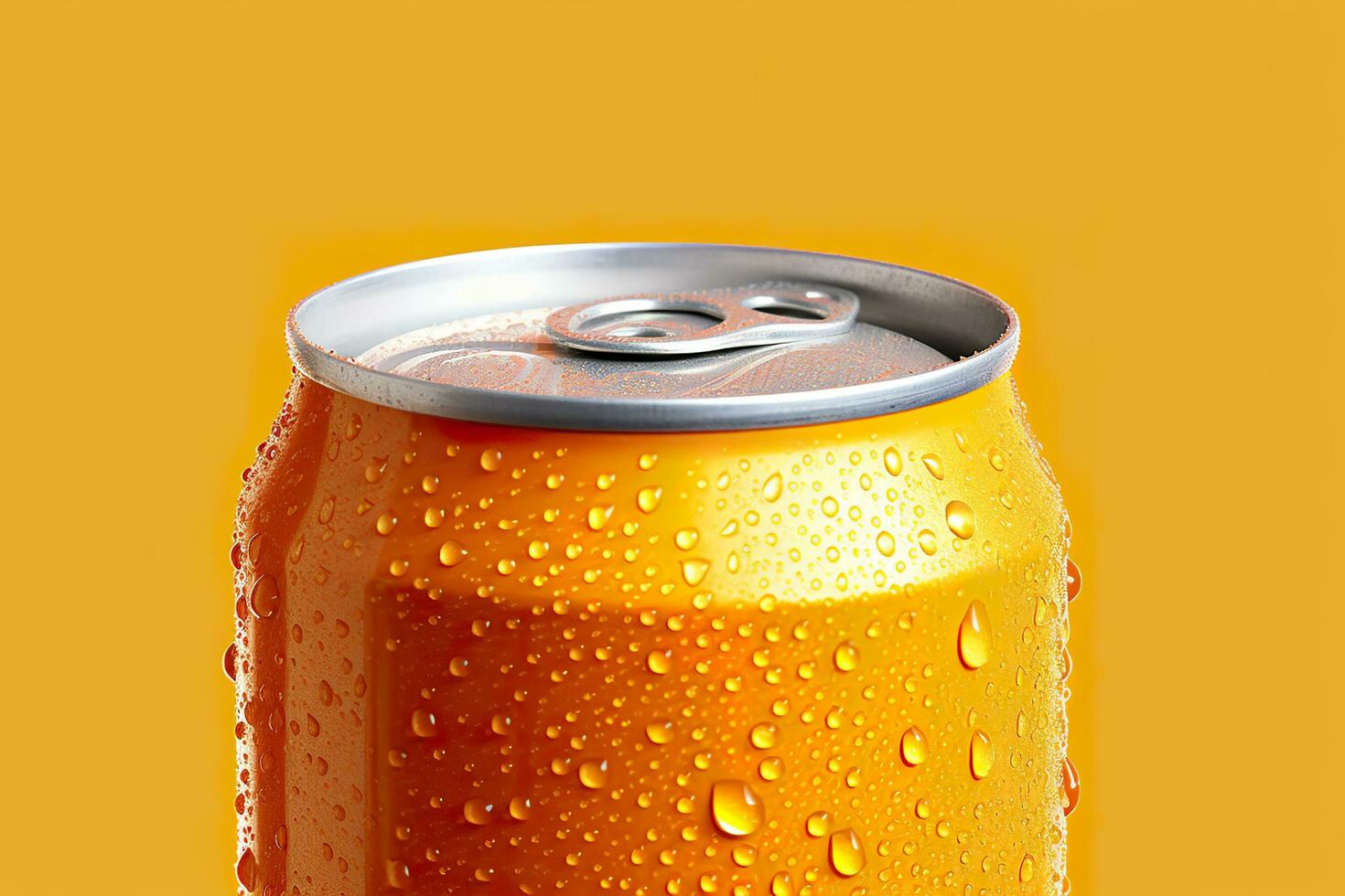 Can of fresh soda with water drops on orange background, closeup. Generative AI photo