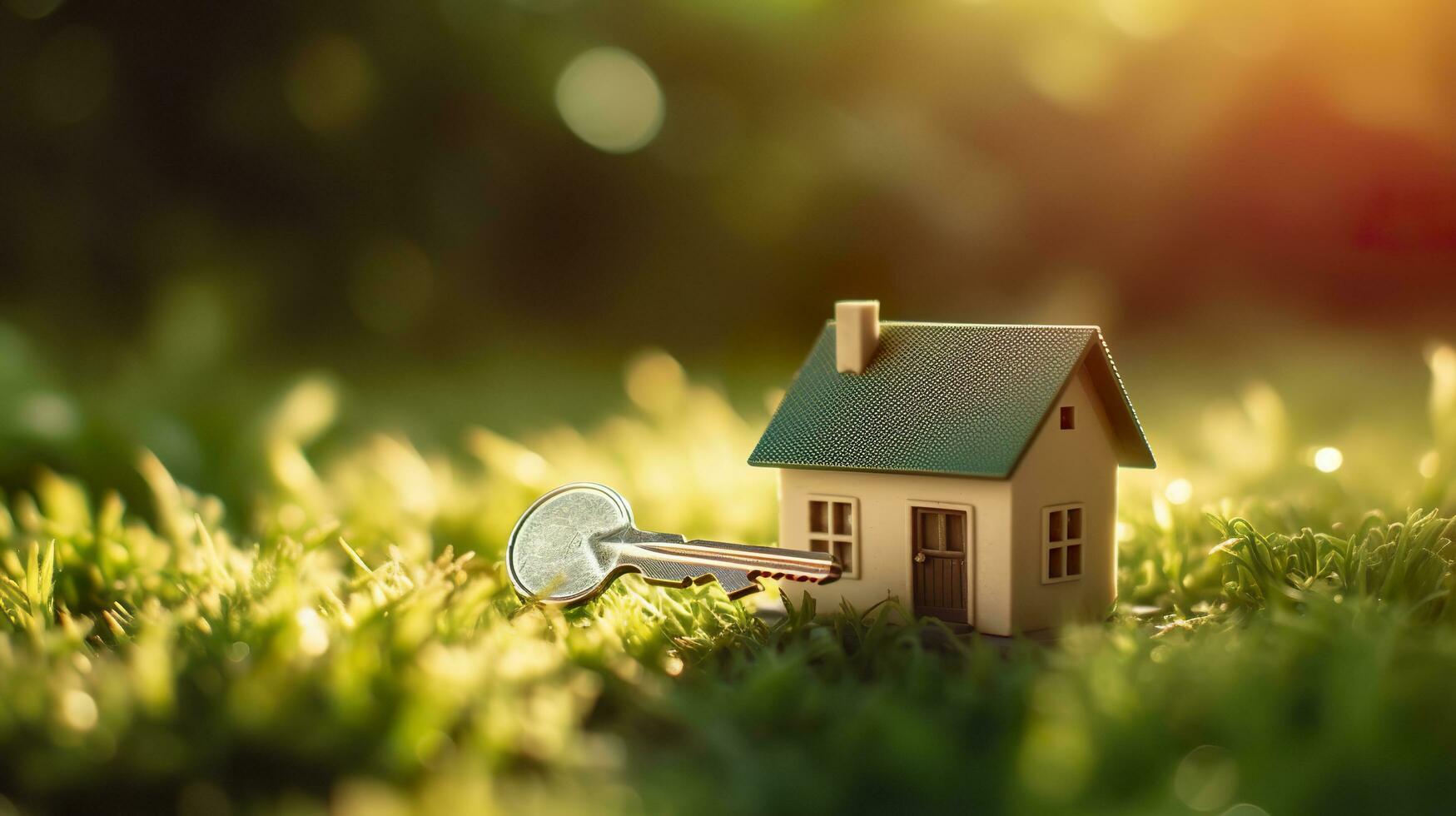 Copy space of home. Small model home on green grass with sunlight. AI Generative photo
