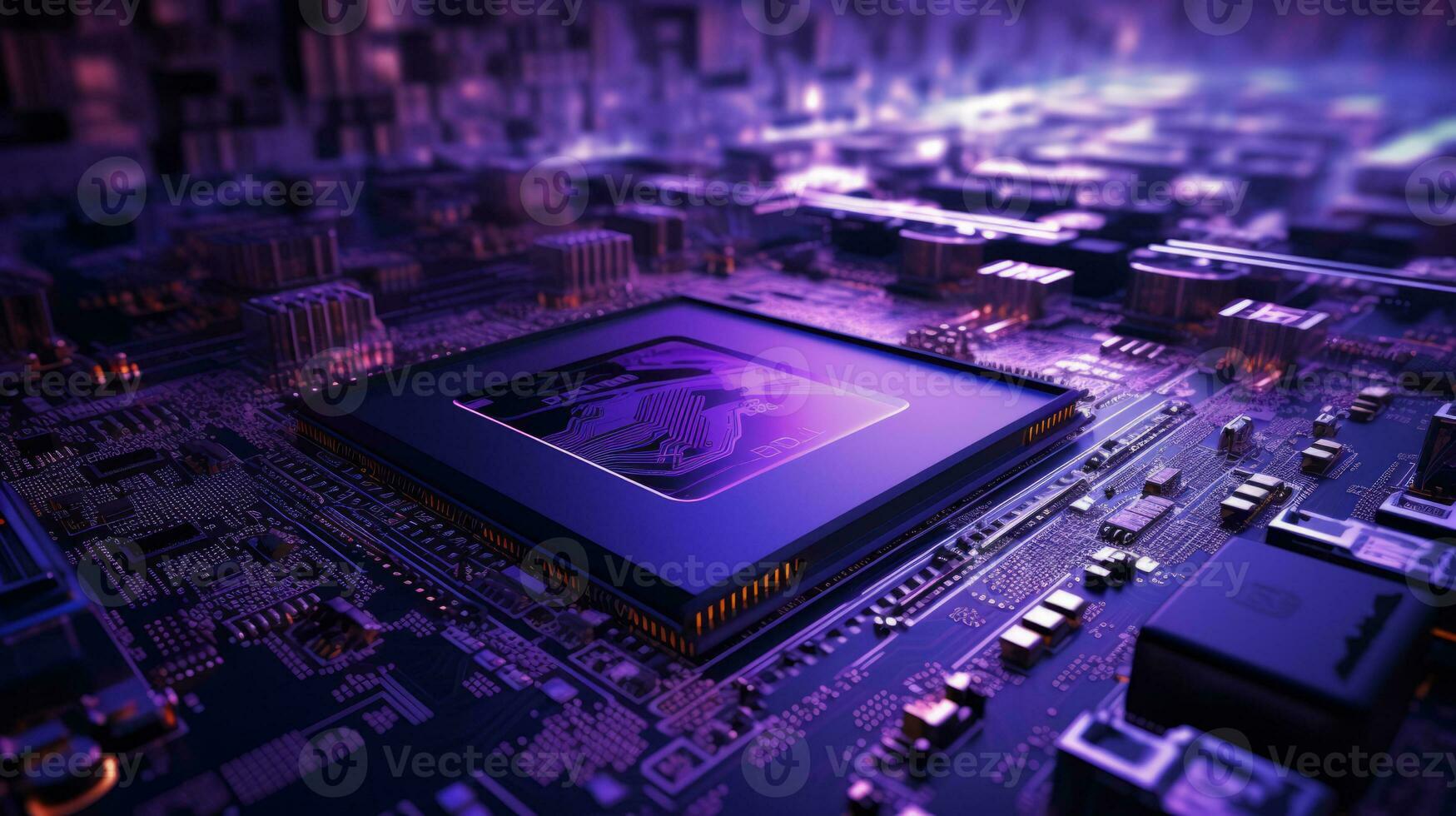 Closed up of CPU on the circuit board with purple lighting. Technology, innovation and future concept.AI generated, Generative AI photo