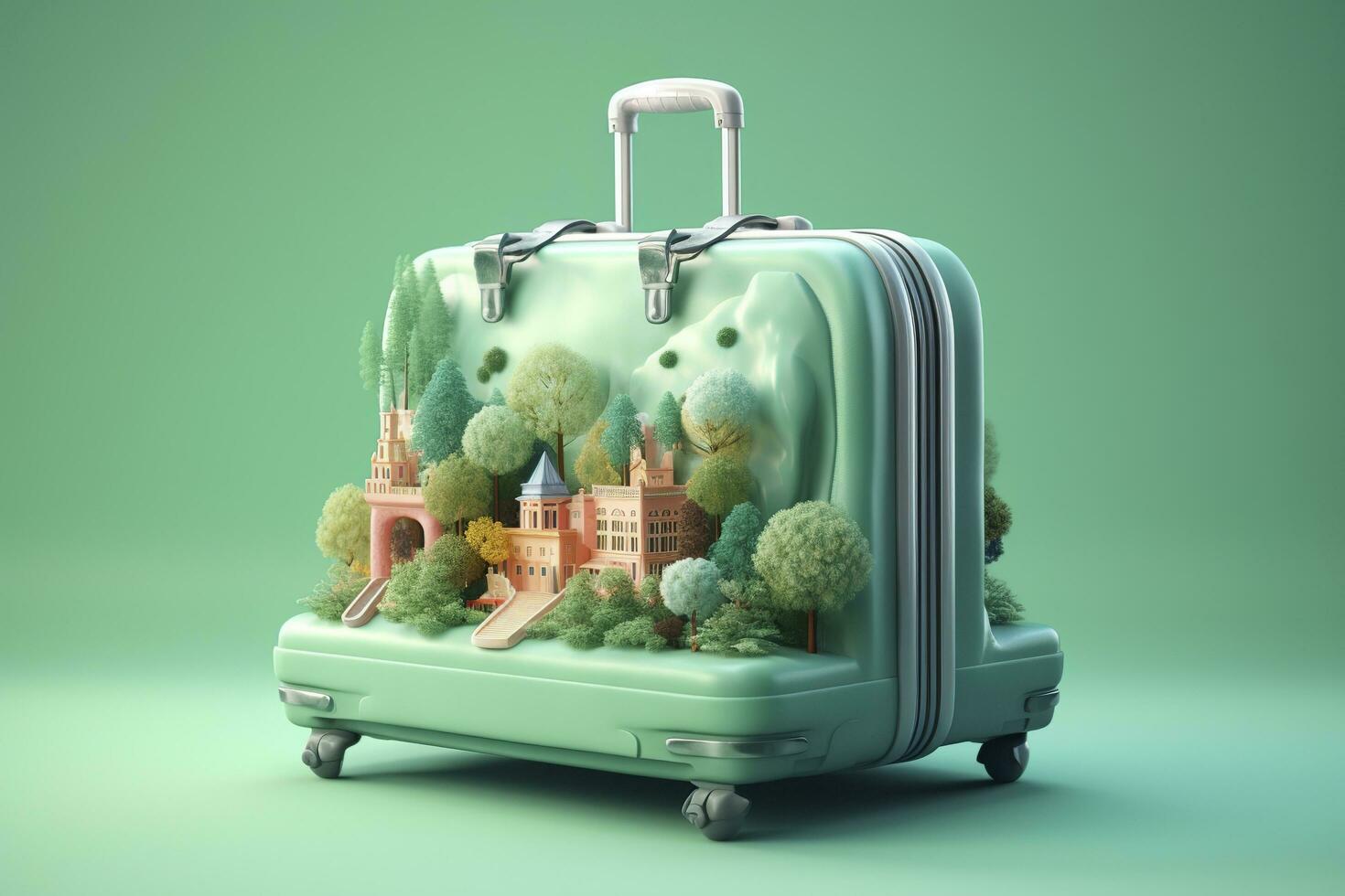 Surreal 3D Landscape Illustration of a Forest River with Luggage in Light Green and Light Blue. AI Generative photo