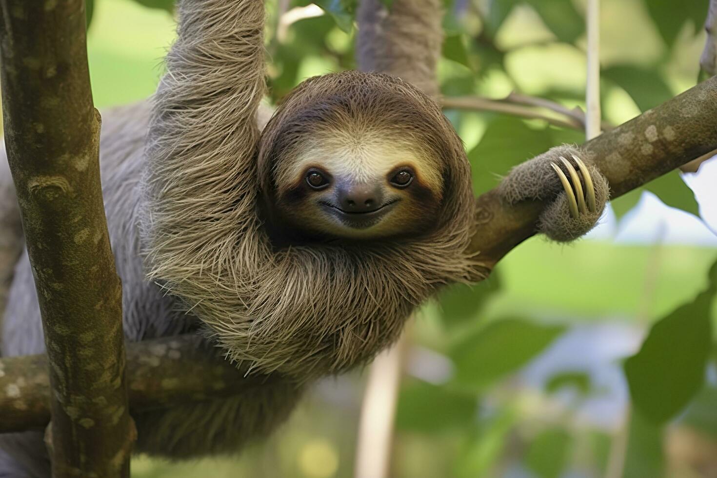 bebé perezoso en árbol en costa rico generativo ai foto