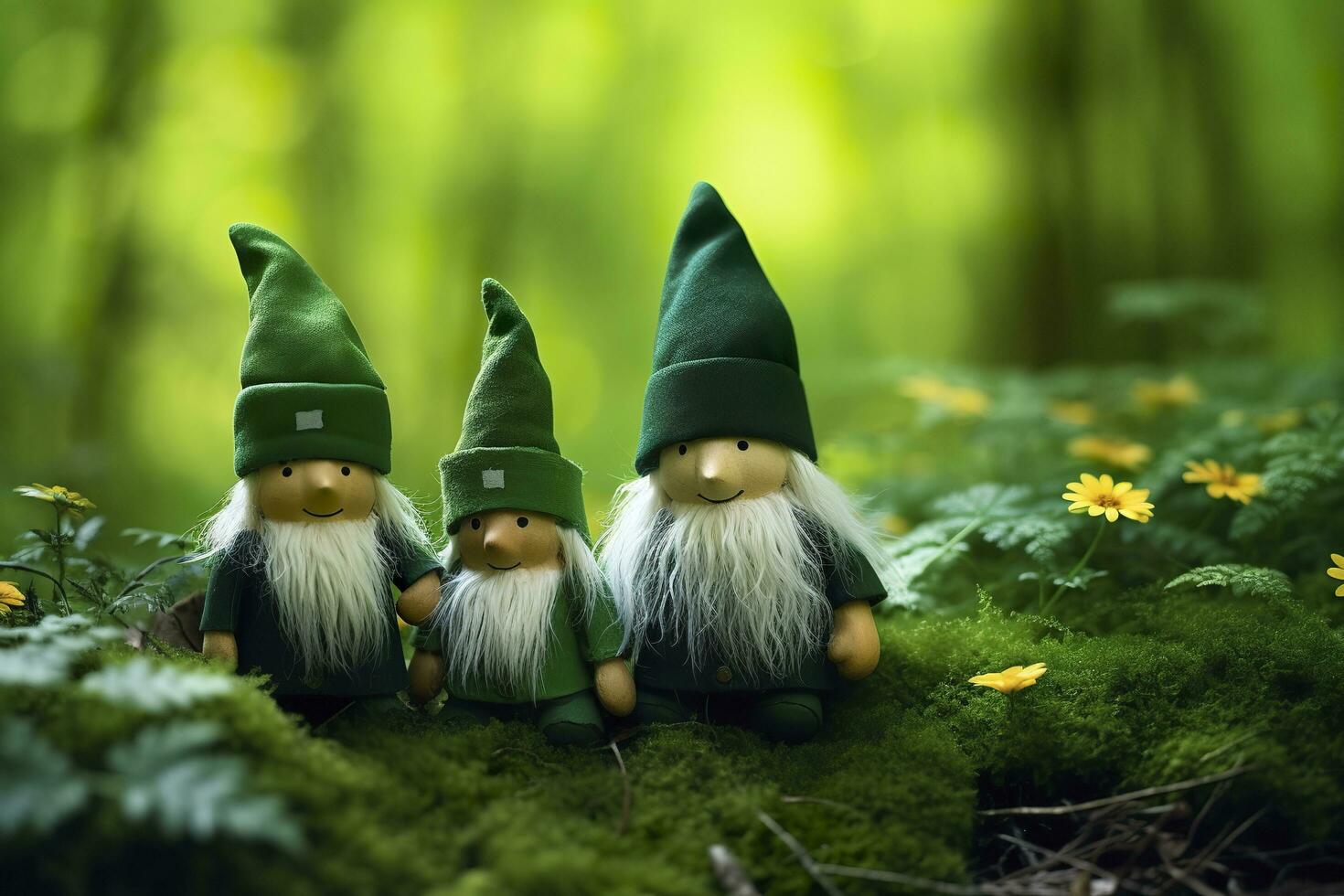 Toy Irish gnomes in a mystery forest, abstract green natural background. Generative AI photo