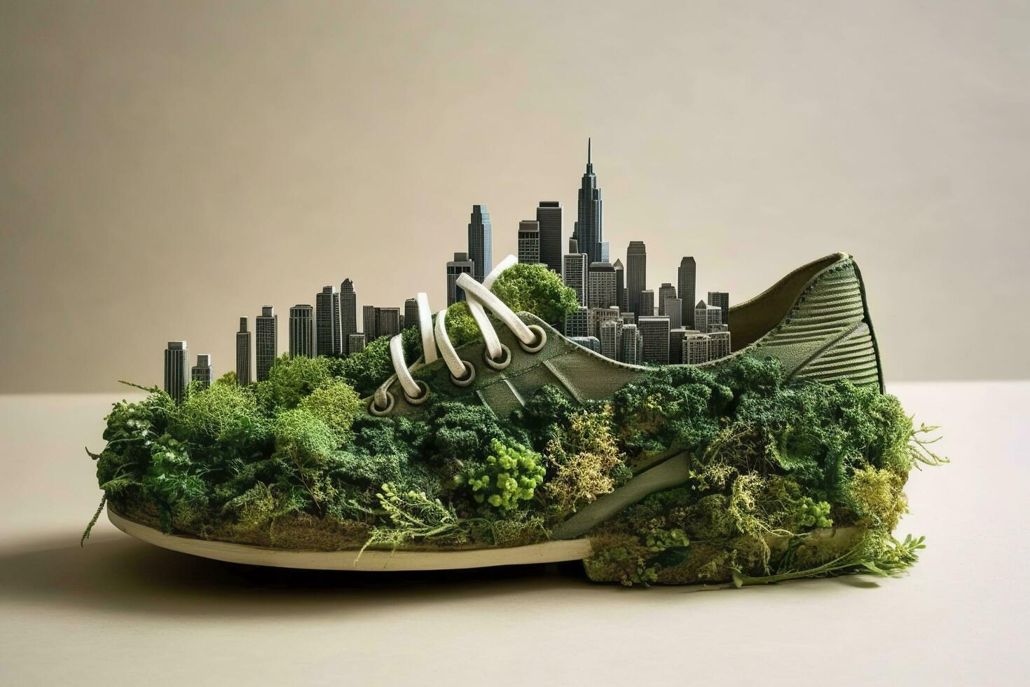 A photo was taken shoe with greenery and city , Carbon Footprint concept. AI Generative