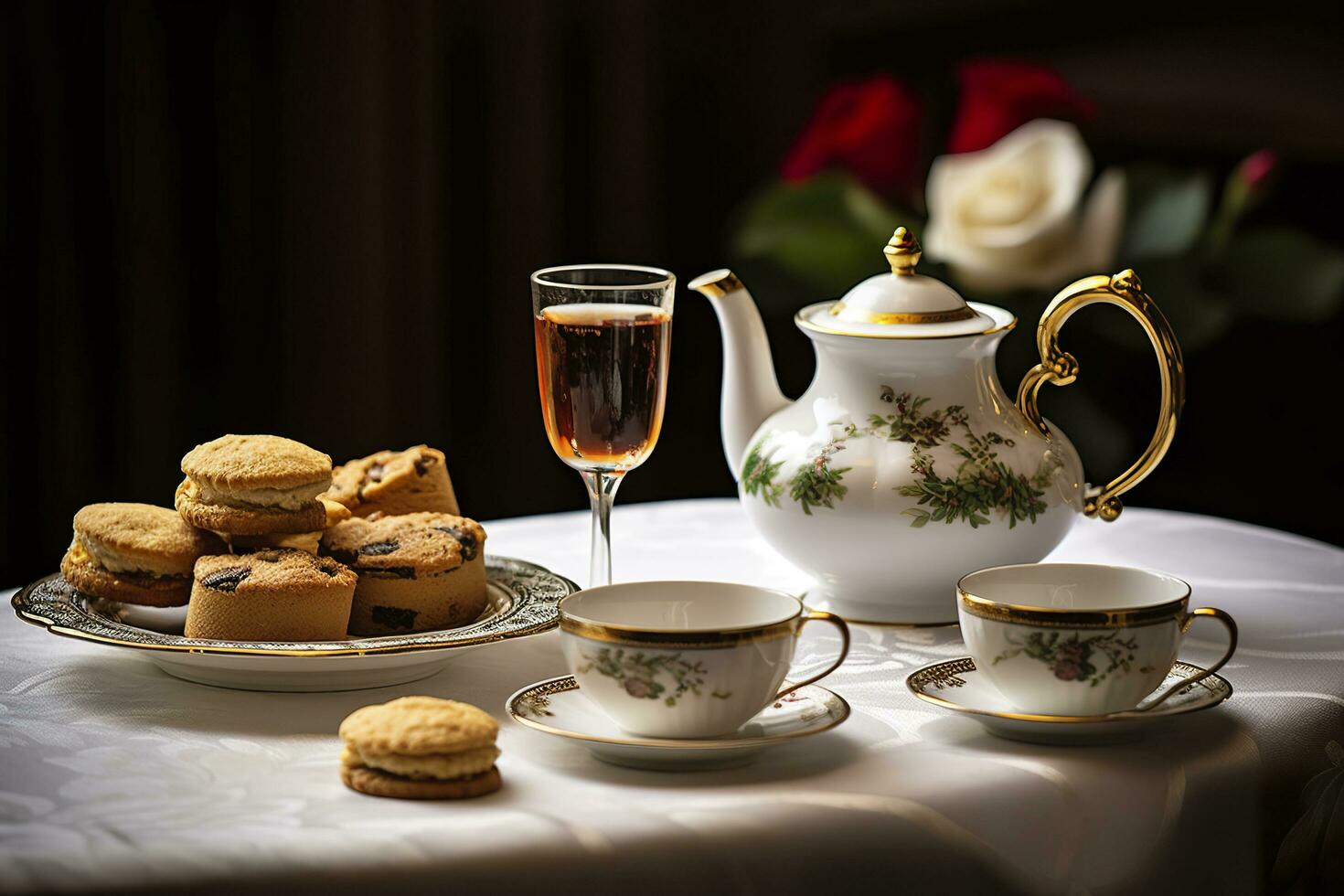 Classical served tea table with biscuits. Generative AI photo