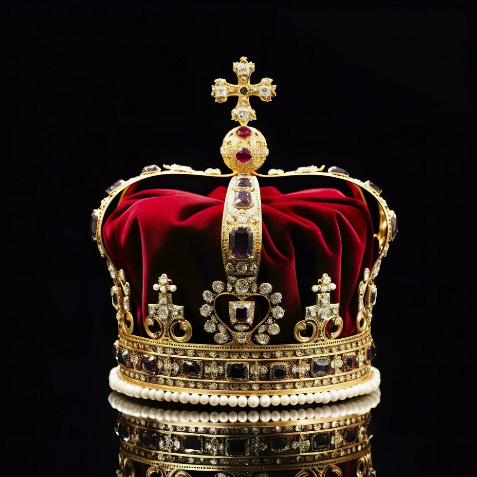 el real coronación corona aislado en un negro antecedentes. generativo ai foto