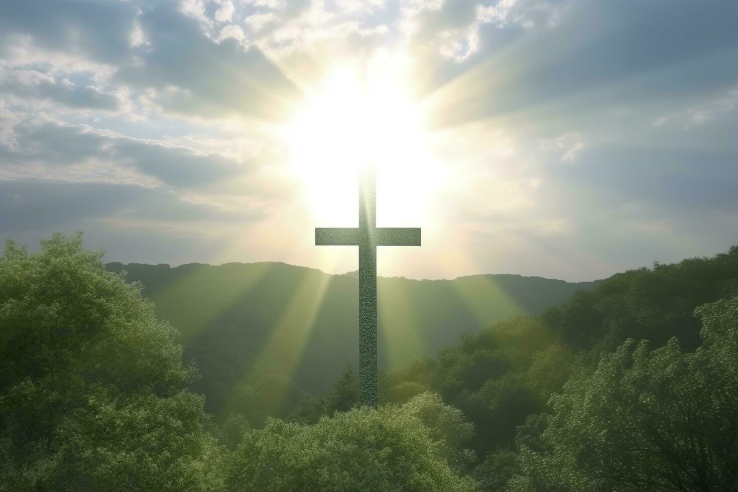 The cross of God with green Leaf, in the rays of the sun and blue sky. Cross on the hill with green trees and graeen natural view. Religious concept, AI Generative photo