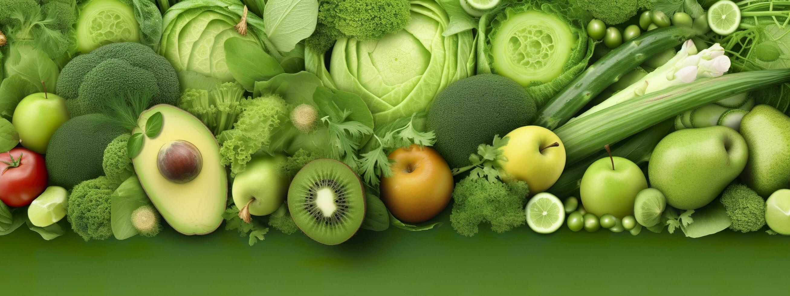 Banner layout of green fruits and vegetables. Generative AI. photo