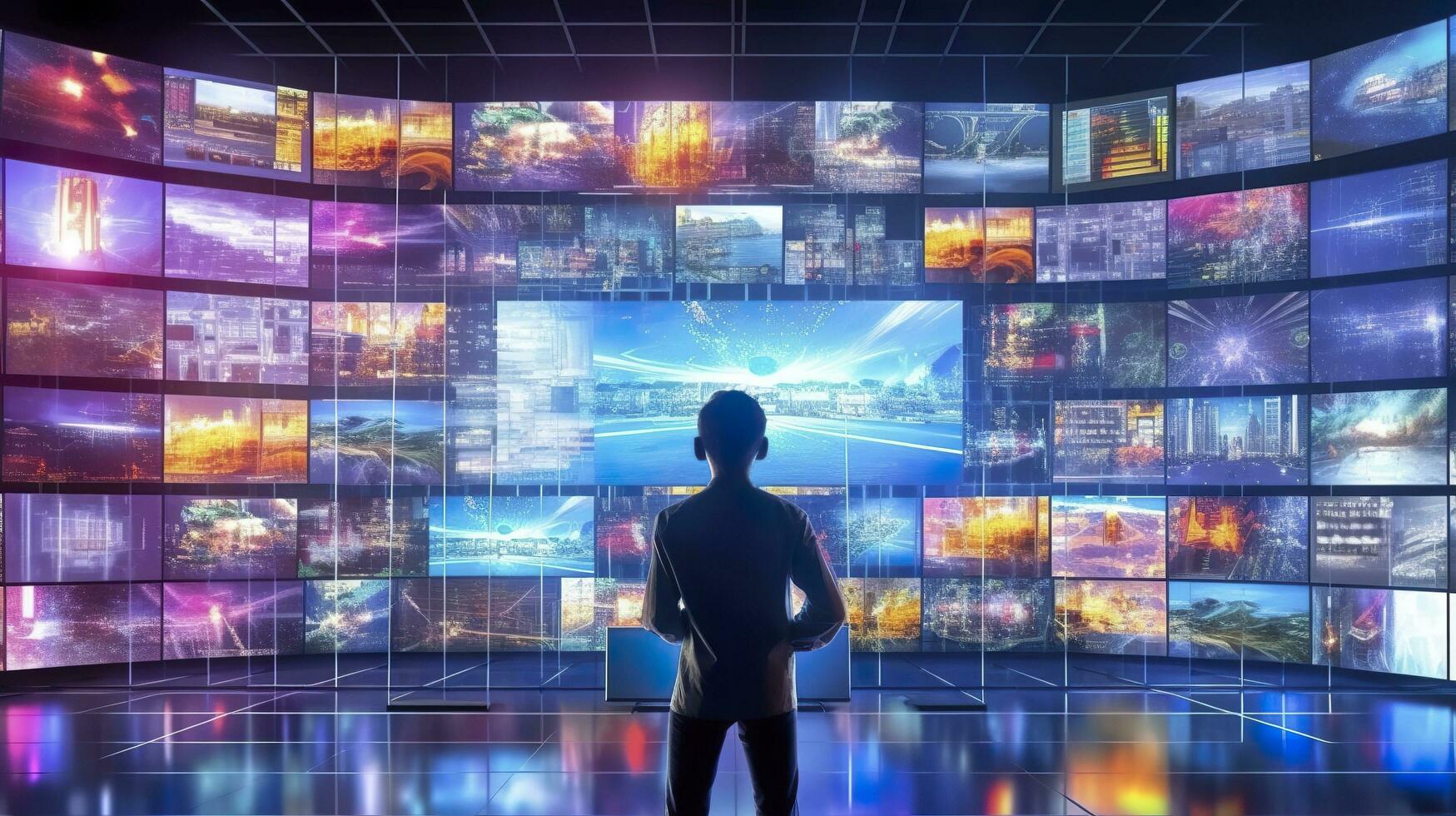 A person watching a video wall with multimedia images on different television screens. Generative AI photo