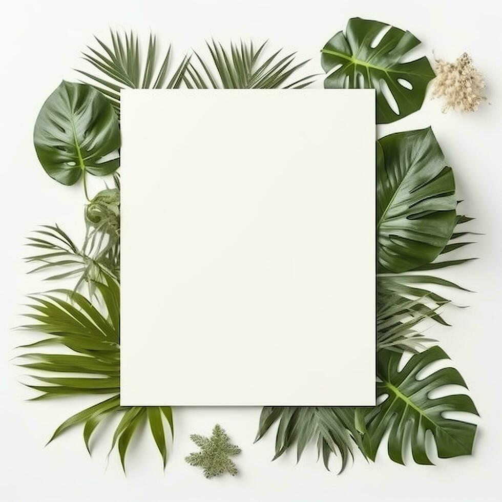 Frame with leaves.  Summer tropical leaves and blank frame with copy space on white background. Generative AI photo