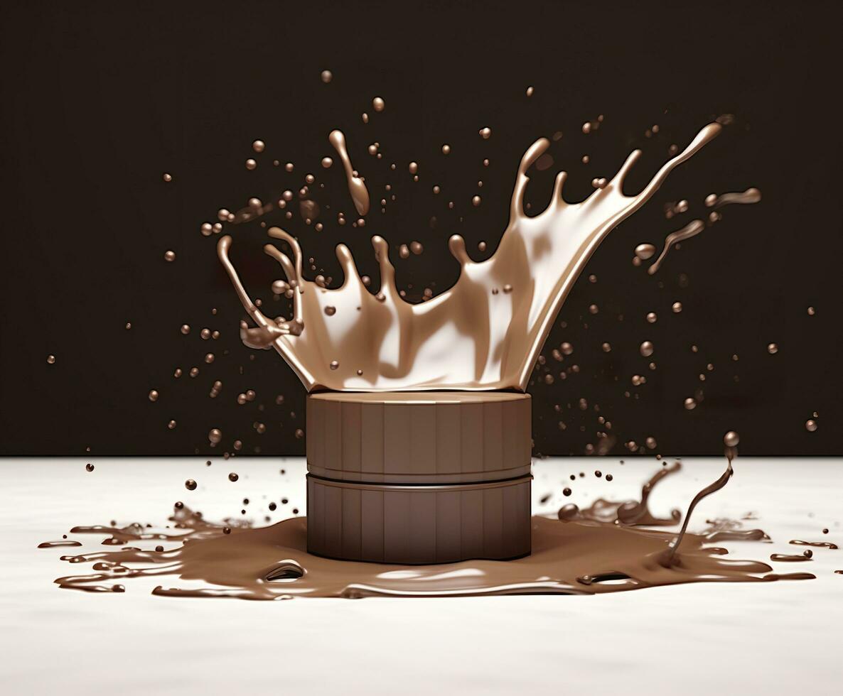 Chocolate splash with a podium, mockup background for milk product display, 3d. Generative AI photo