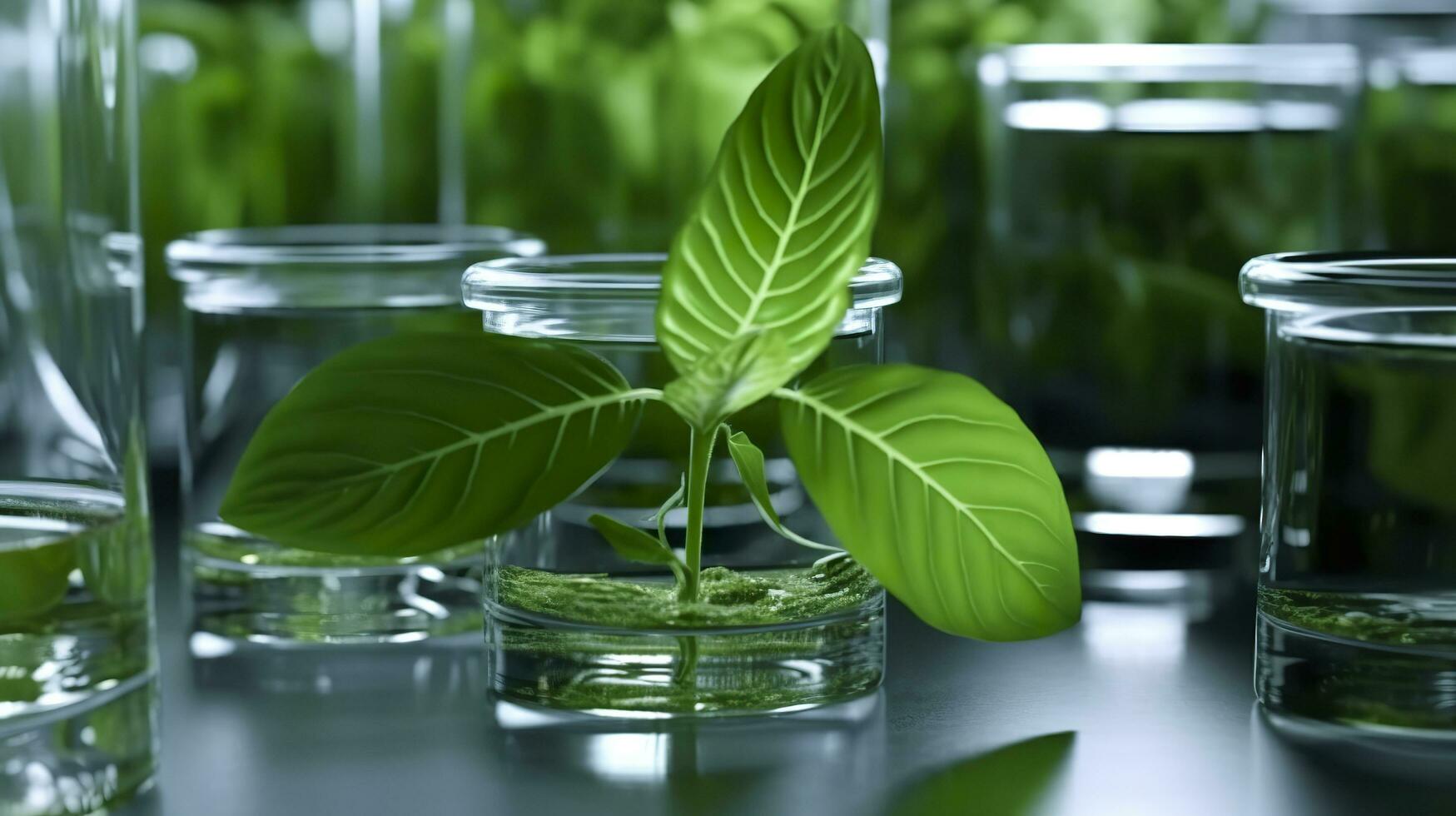 Biotechnology concept with green plant leaves, laboratory glassware, and conducting research, illustrating the powerful combination of nature and science in medical advancements.  AI Generative photo