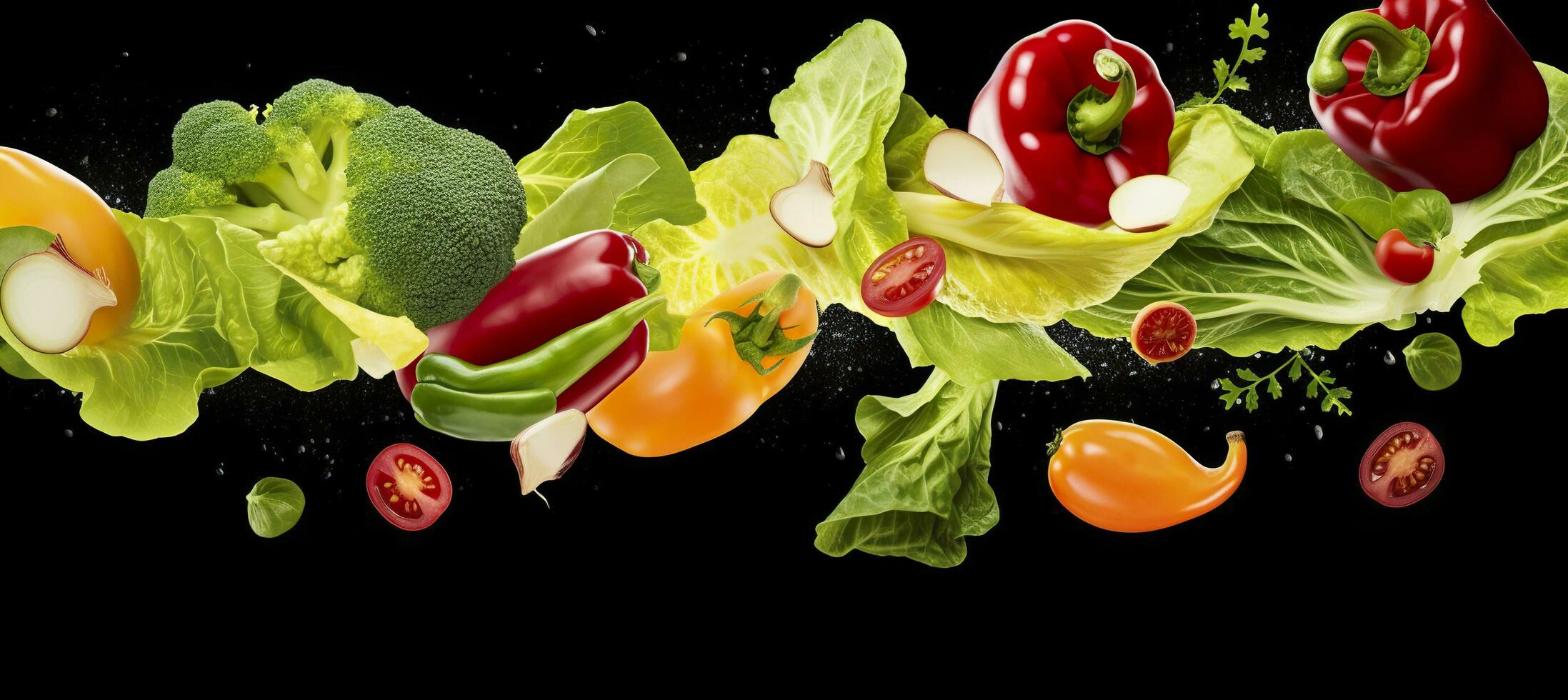 Falling vegetables, salad of bell pepper, tomato, and lettuce leaves. Generative AI photo