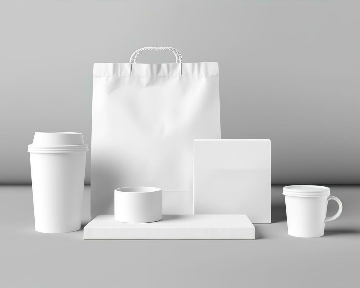 Blank bag, coffee mug, and cup on a light background. Generative AI photo