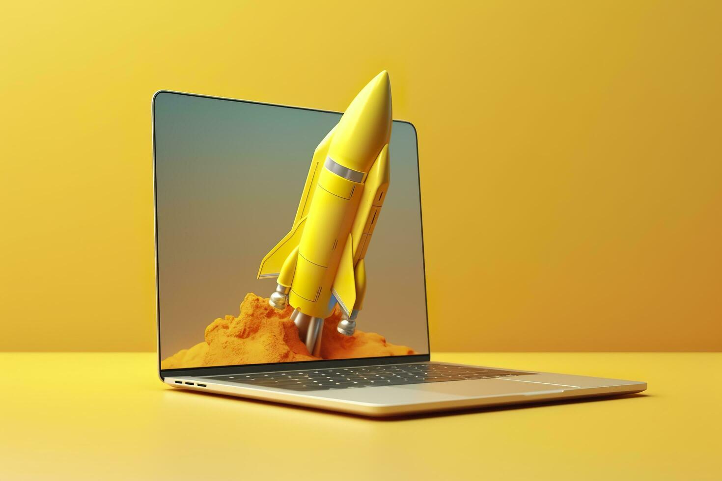 Launching a new product or service. Technology development process. Space rocket launch. 3d render. Yellow rocket lift up from the display laptop. AI Generative photo