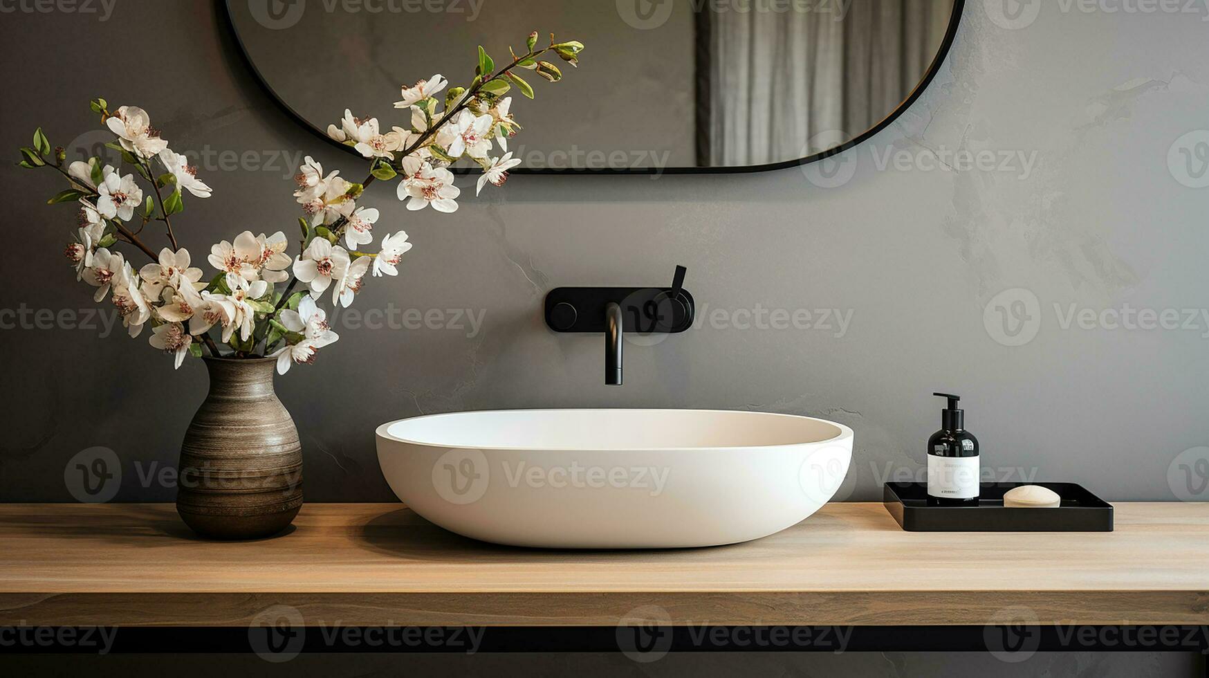 Close up chic bathroom with oval sink, empty countertop, wooden vanity, black framed mirror, flower and grey wall. Generative AI photo