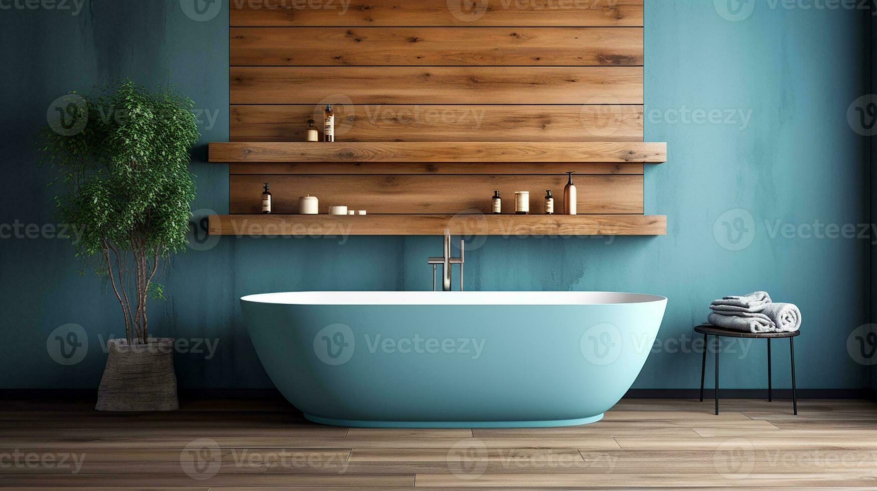 Comfortable bathtub and vanity with basin standing in modern bathroom with blue and wooden walls and wooden floor. Generative AI photo
