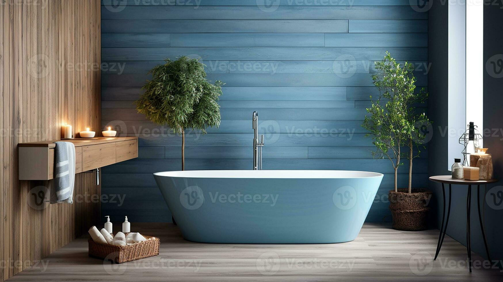 Comfortable bathtub and vanity with basin standing in modern bathroom with blue and wooden walls and wooden floor. Generative AI photo