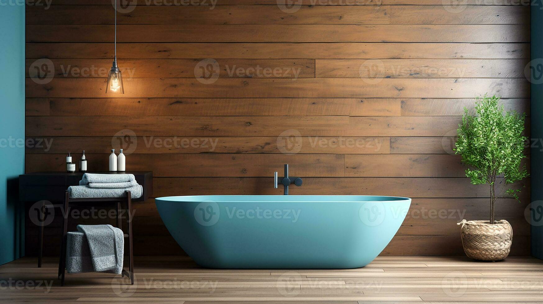 Comfortable bathtub and vanity with basin standing in modern bathroom with blue and wooden walls and wooden floor. Generative AI photo