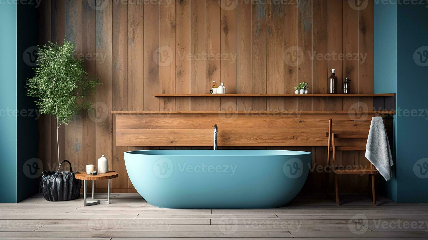 Comfortable bathtub and vanity with basin standing in modern bathroom with blue and wooden walls and wooden floor. Generative AI photo