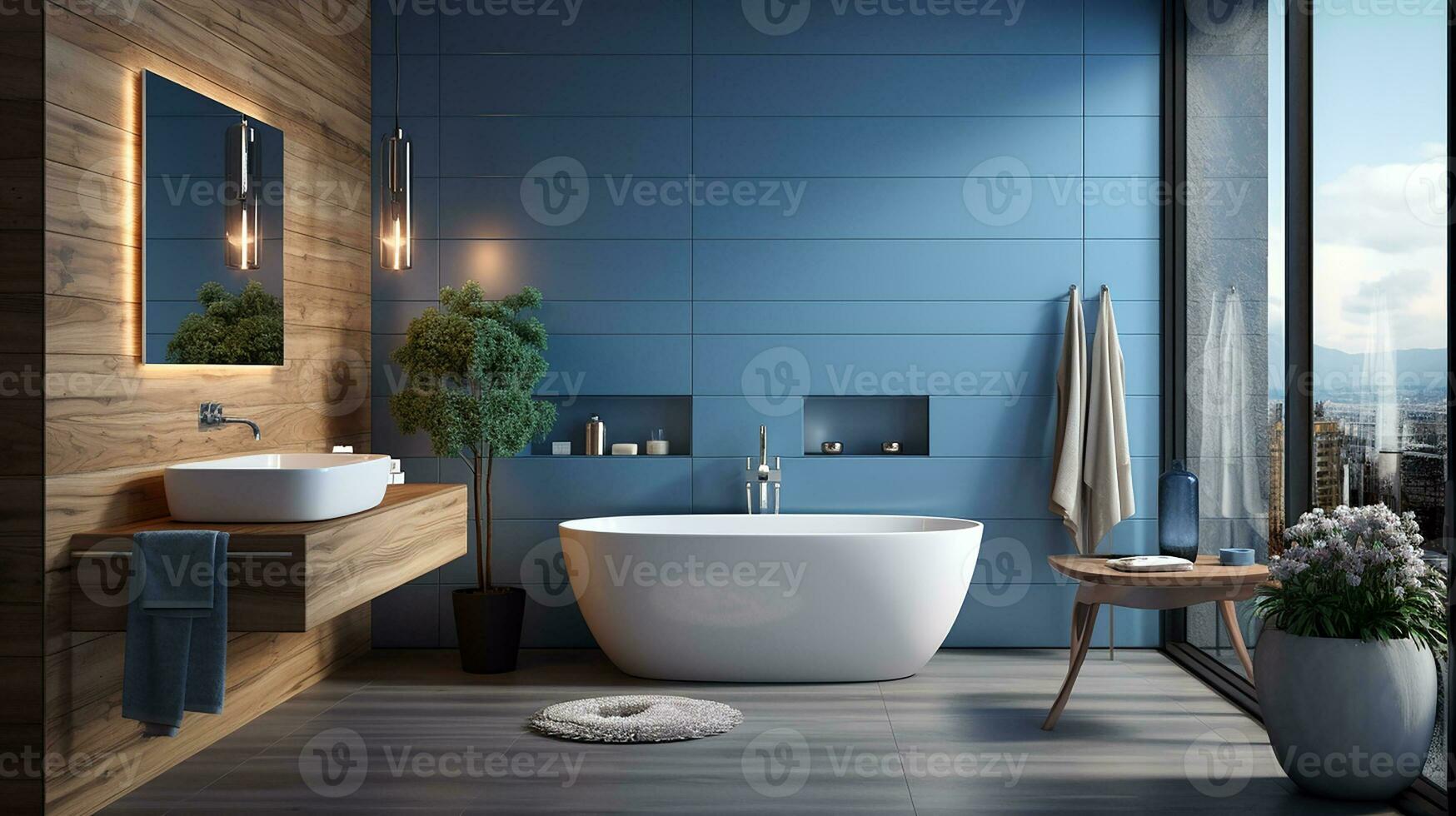 Comfortable bathtub and vanity with basin standing in modern bathroom with blue and wooden walls and wooden floor. Generative AI photo